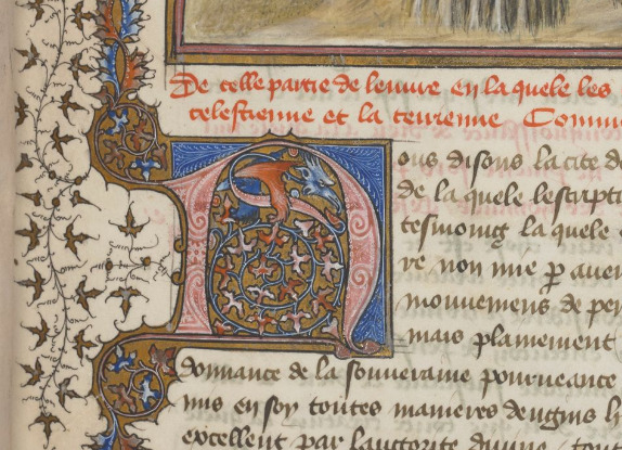 Detail van een afbeelding van de pagina MMW 10 A 12, f. 2r uit een manuscript dat zich bevinct in Den Haag, in het Huis van het boek: De civitate dei in Franse vertaling, Parijs, ca. 1425.