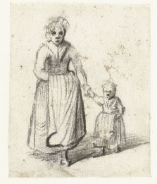 Afbeelding van een vrouw lopend met een kind. Van voren getekend door Harmen ter Borch 1653.