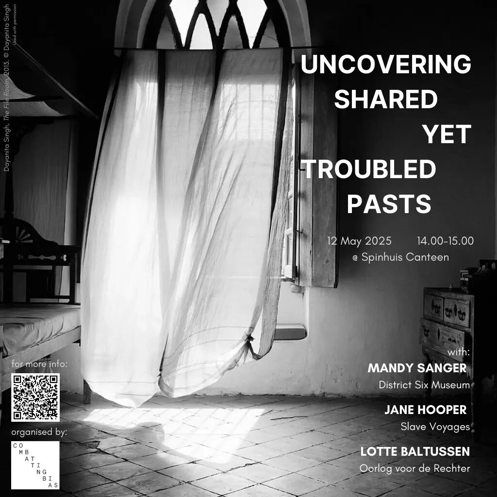Poster van het evenement Uncovering Shared Yet Troubled Pasts, erop te zien: een kamer met een open raam, de gordijnen zijn dicht en wapperen in de wind, er valt een schaduw van het zonlicht dat naar binnen schijnt op de grond