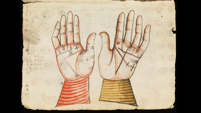 Blad uit een manuscript (ca. 1400-1450) over geomantie (waarzeggerij via de aarde), chiromantie (handlezen), iatromathematica (medische wiskunde), astronomie, alchemie en geneeskunde. Bron: Sankt Gallen, Stiftsbibliothek, Cod. Sang. 756, p. 244.