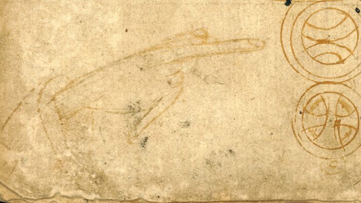 Wijzende hand in een verzamelhandschrift (ca. 1400) , Arnhem, Rozet Erfgoedcentrum, ms 6, fol. 145v (detail).