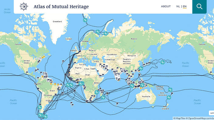 wereldkaart met verbindingsroutes en koloniale betrekkingen