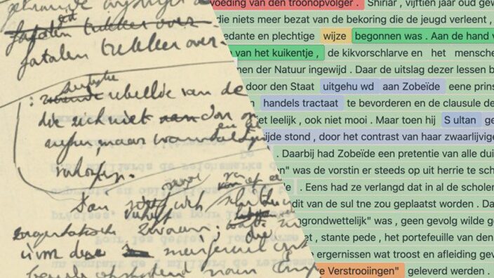 een handgeschreven tekst en een getypte tekst met revisies